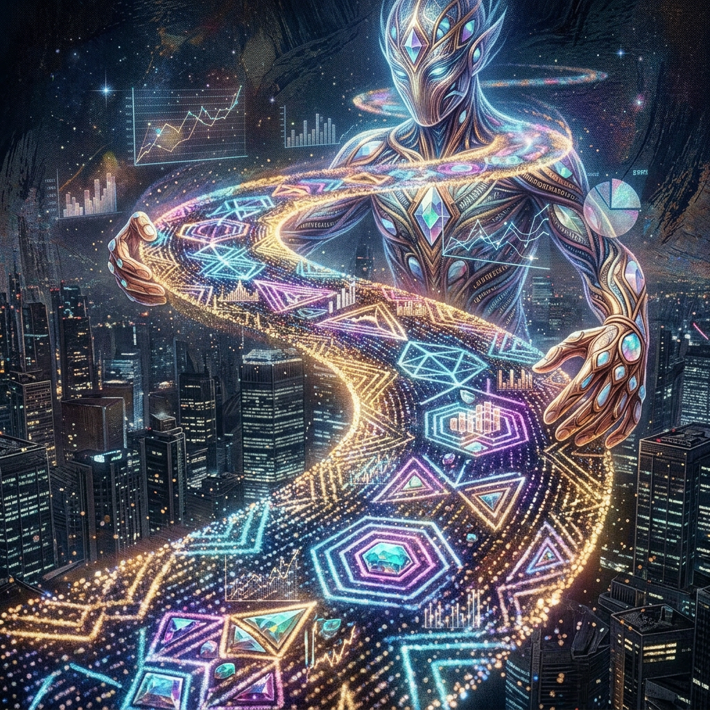 Curved illuminated path with colorful glowing geometric symbols on a dark starry background