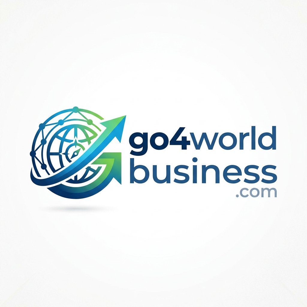 Logo with a globe, arrows, and the text 'go4world business.com'